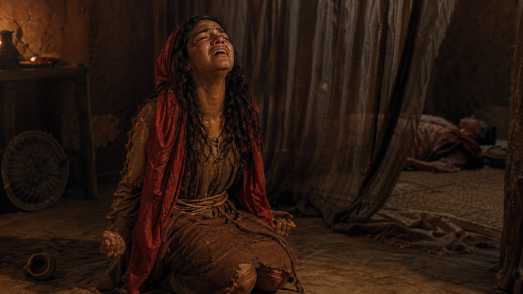 Rahab on her knees pleading to the heavens