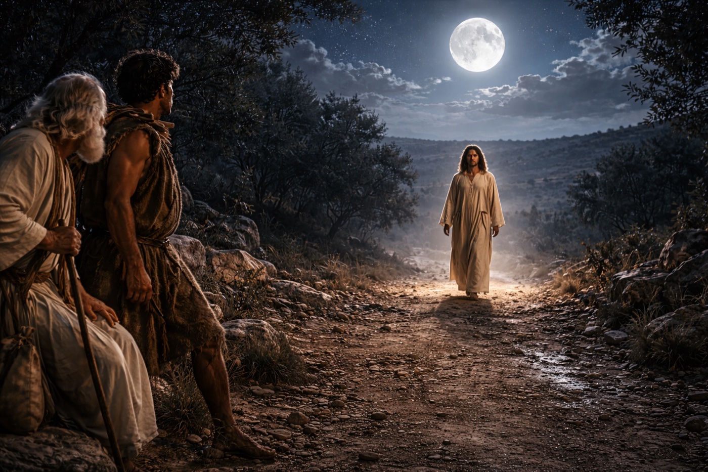 A figure appears on the moonlit road