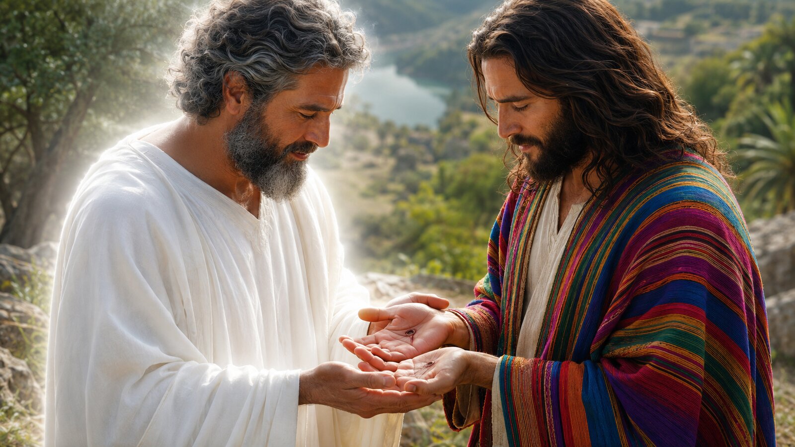 The Father cradles Jesus' outstretched scarred hands, both palm marks visible