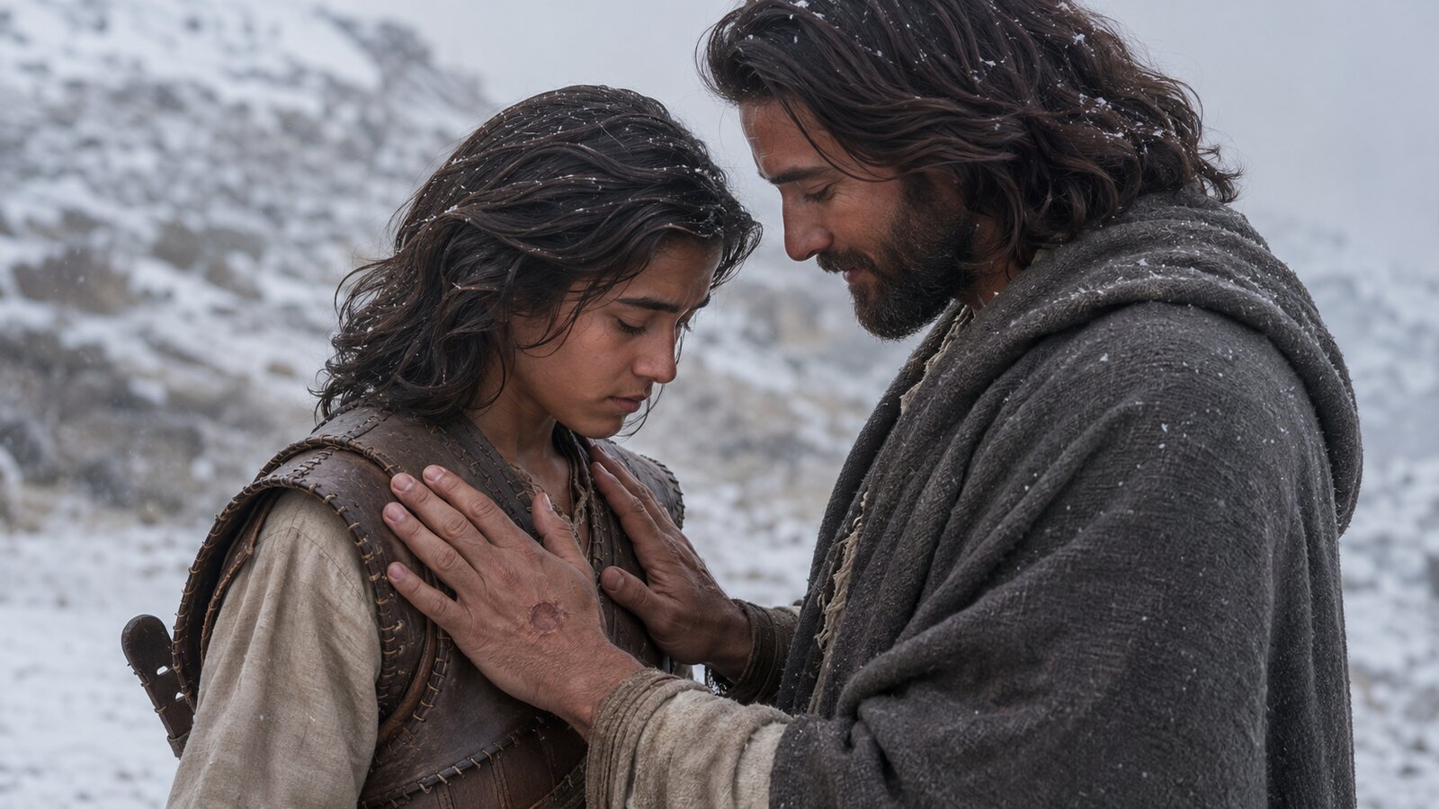 The Stranger kneels in falling snow, both scarred hands pressed to Benaiah's chest