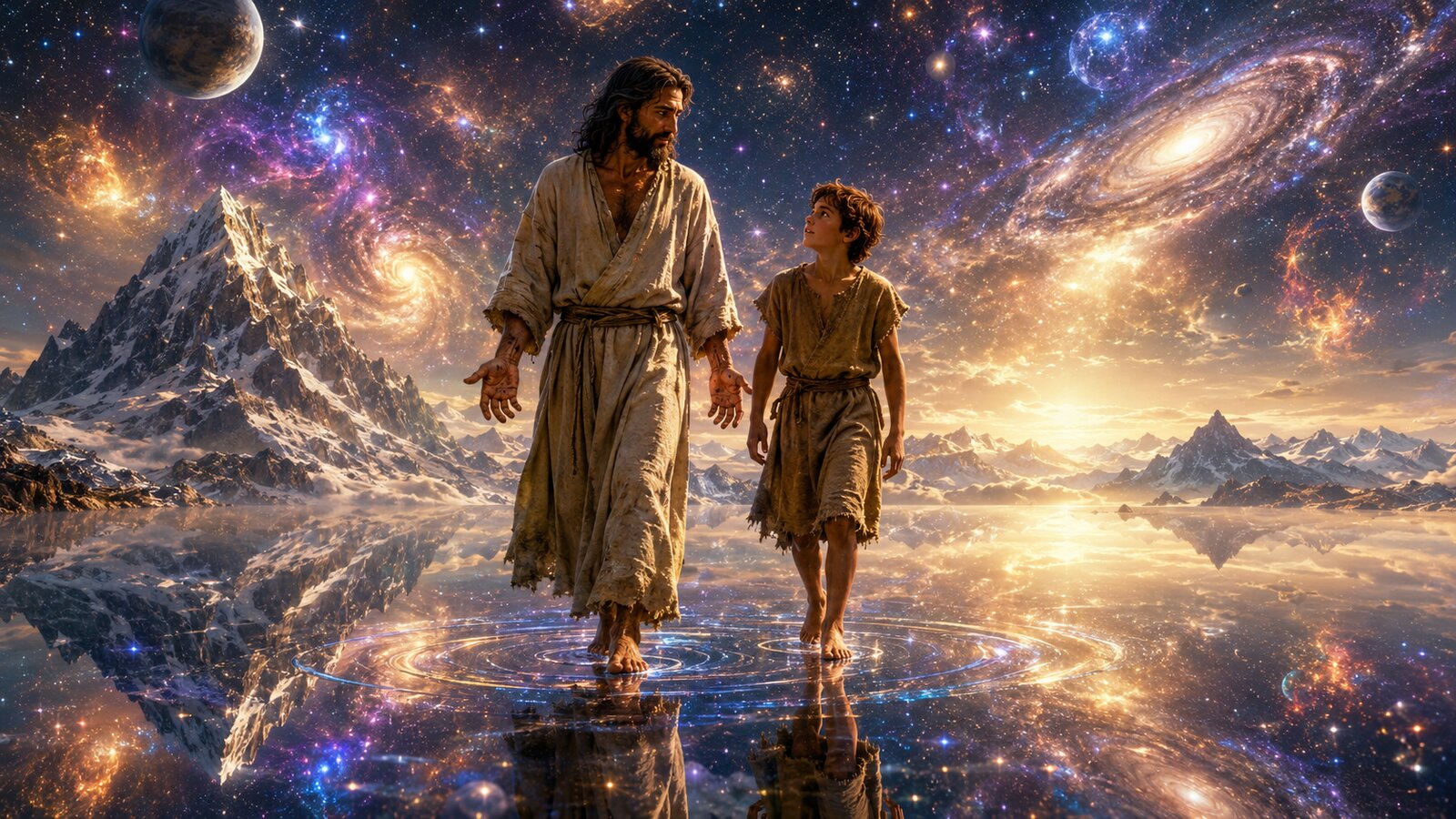 David and the Stranger walking together on a star-mirrored cosmic sea