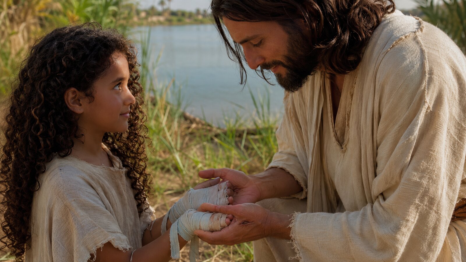 The Stranger gently takes Miriam's bandaged hands in his own
