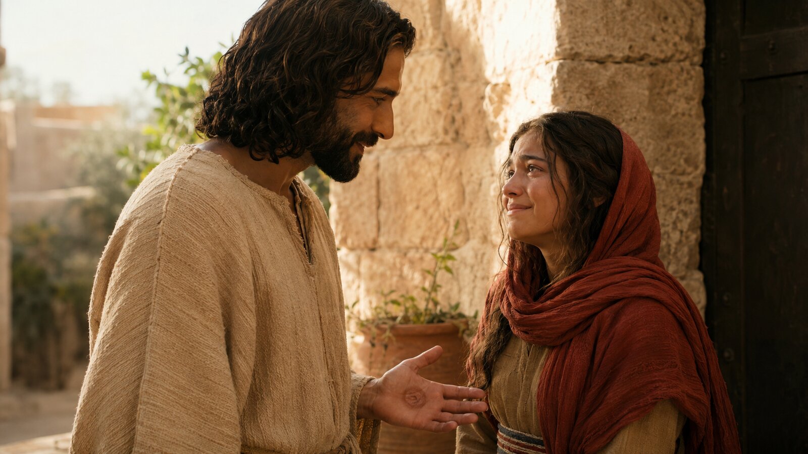 The Stranger cups Rahab's face with a scarred hand, the moment of forgiveness