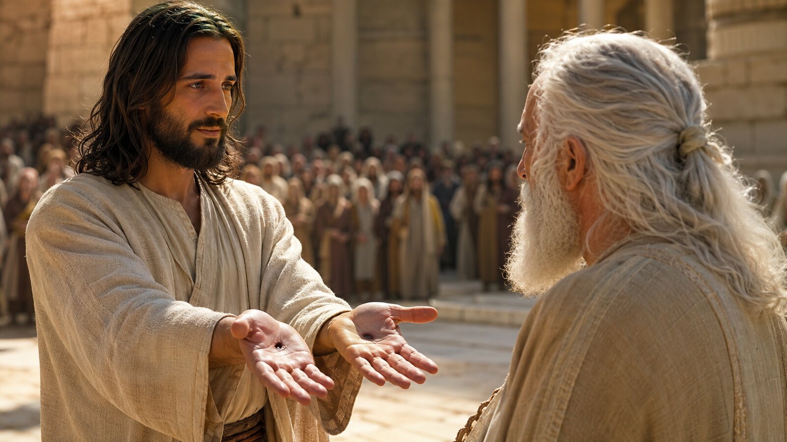The Stranger holds out both open palms, the round marks visible, to old Zechariah